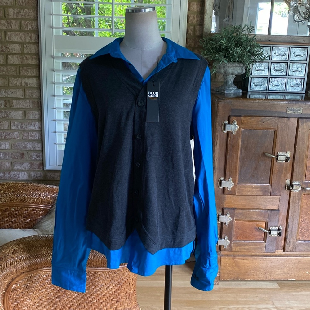 BLUE GURU SHIRT BUILT IN CARDIGAN & TIE BLUE GRAY XL NEW